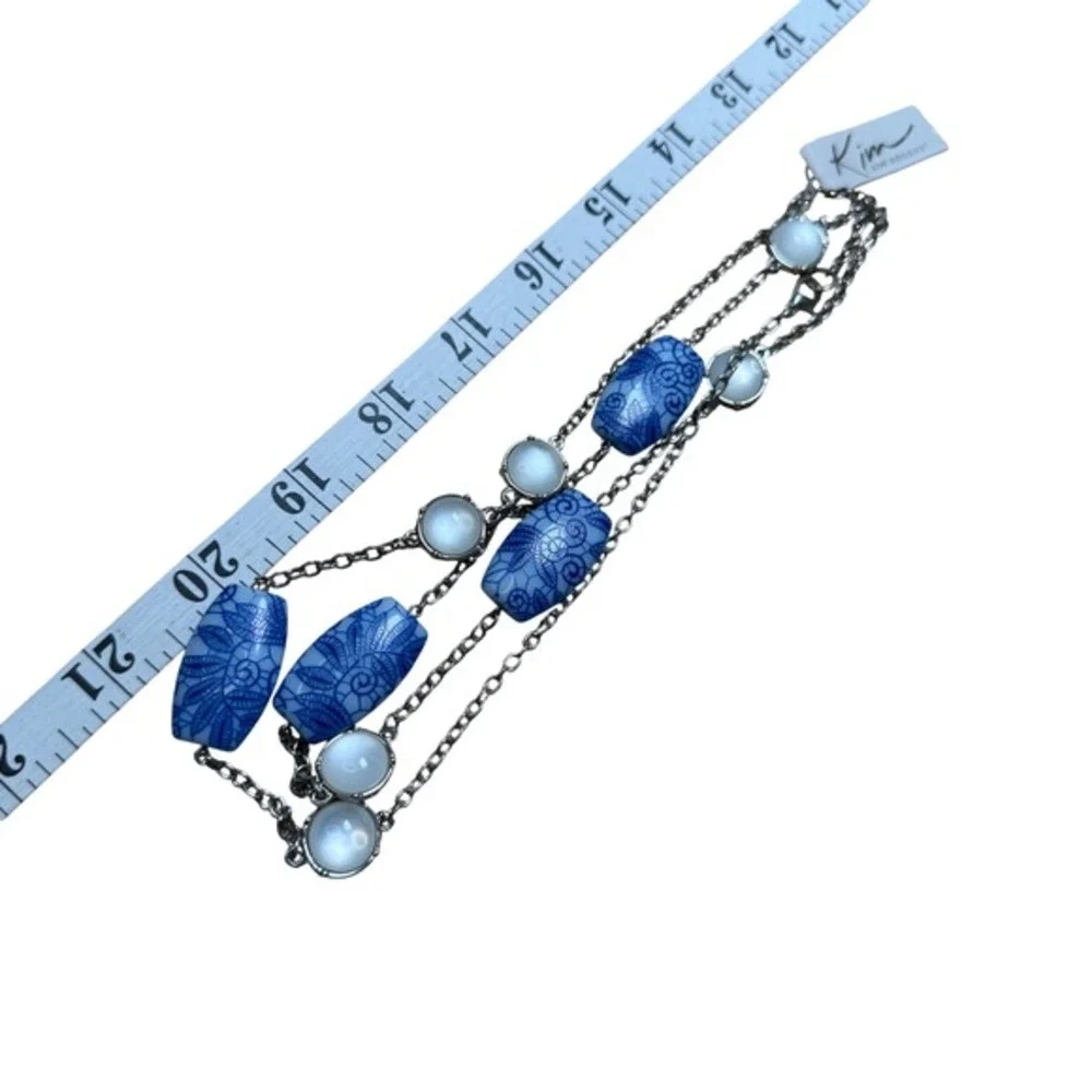 Kim Rogers Long‎ Chain Necklace Blue White Floral Beads Silver Tone Cabochon